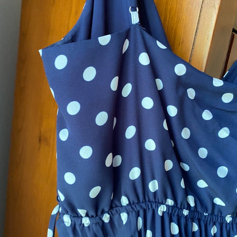 Navy Polka Dot Pleated Summer Maxi Dress